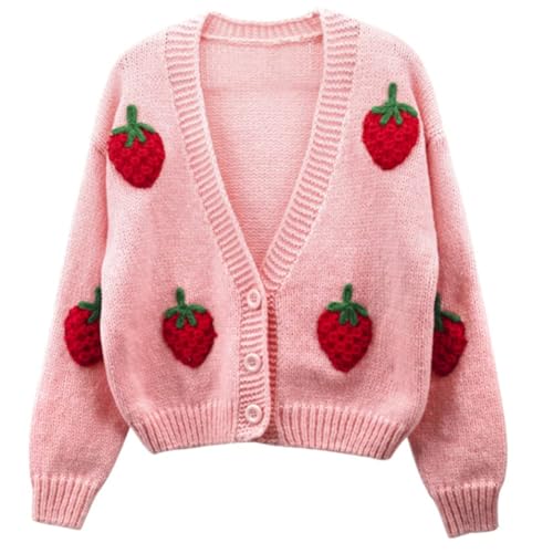 HOULENGS Women's Kawaii Strawberry Print Button Down Long Sleeve V Neck Crop Cardigan Sweater Pink One Size - Image 1