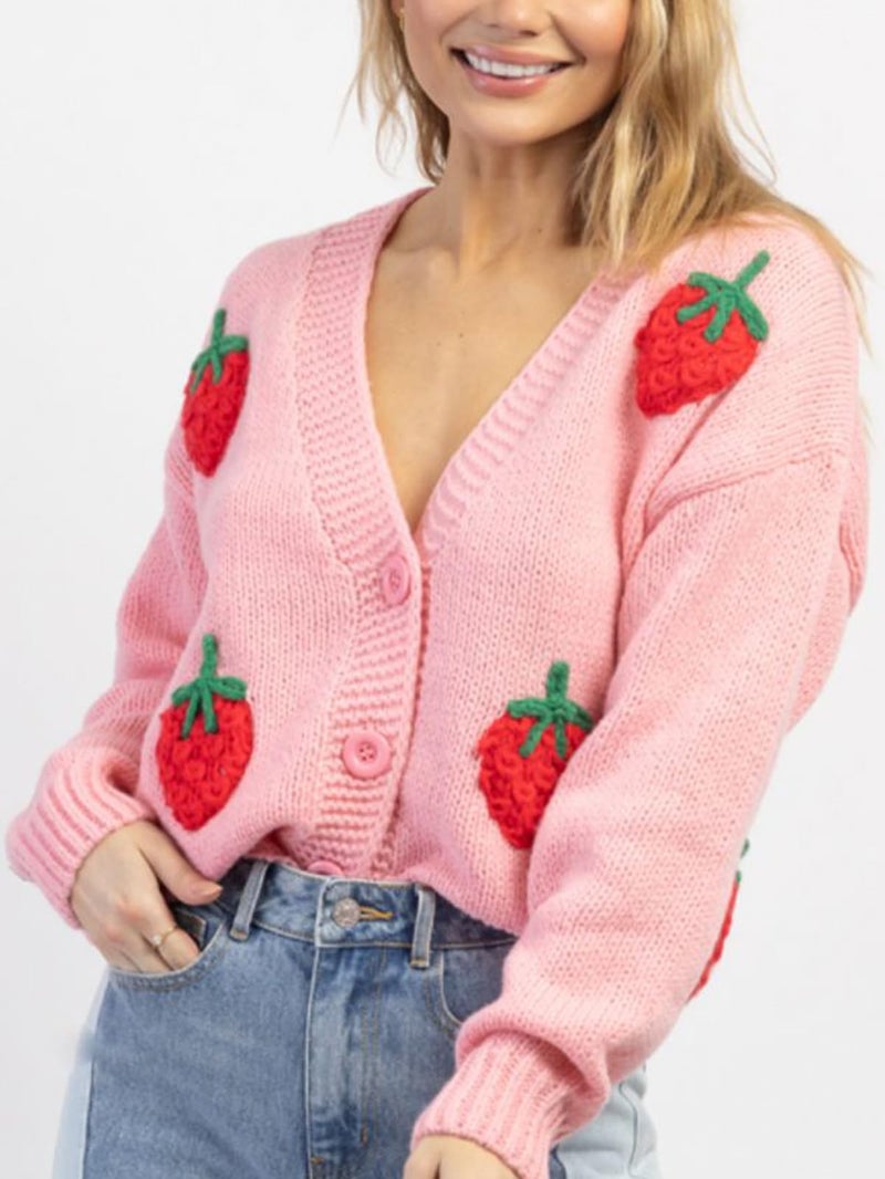 HOULENGS Women's Kawaii Strawberry Print Button Down Long Sleeve V Neck Crop Cardigan Sweater Pink One Size - Image 4