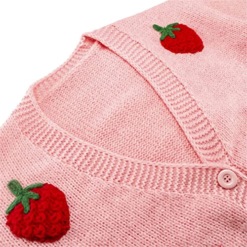 HOULENGS Women's Kawaii Strawberry Print Button Down Long Sleeve V Neck Crop Cardigan Sweater Pink One Size - Image 2
