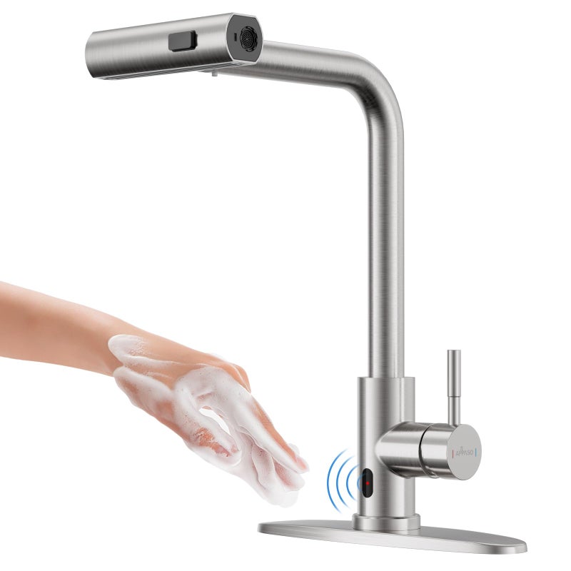 APPASO Touchless Kitchen Faucet with Pull Down Sprayer Waterfall Motion Sensor Kitchen Sink Faucet Touchless Brushed Nickel Stainless Steel Single Handle HandsFree Sink Faucet - Image 2