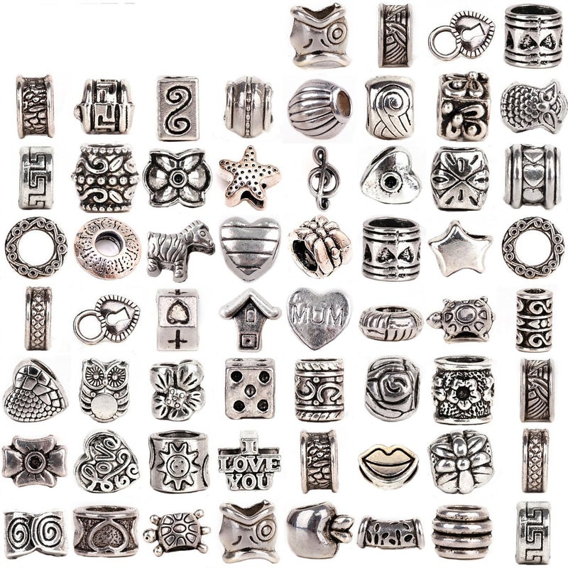 RUBYCA Tibetan Silver Tone Color Spacer Loose Beads Fit European Charm Bracelet Mix 60 Pcs Lot for DIY