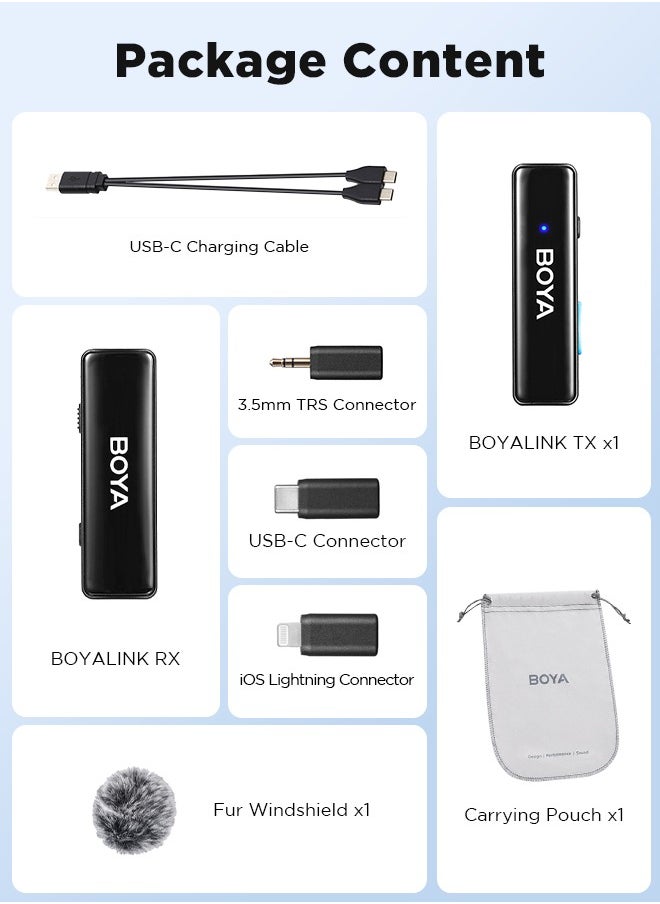 BOYA - BOYALINK-A1 Wireless Lavalier Microphone Wireless,BOYA Wireless Lightweight Lapel Mic for iPhone Android Smartphone Camera,10H Battery Life, Noise Cancellation Condenser(1RX+1TX) - Image 1