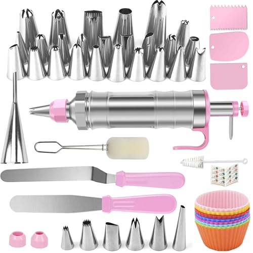 Boyun Dessert Decorating Syringe Set, Icing Piping Kit Stainless Steels Cake Decorating Tools 30 Piping Icing Nozzles Cupcake Decorating Kit - Pink - Image 1
