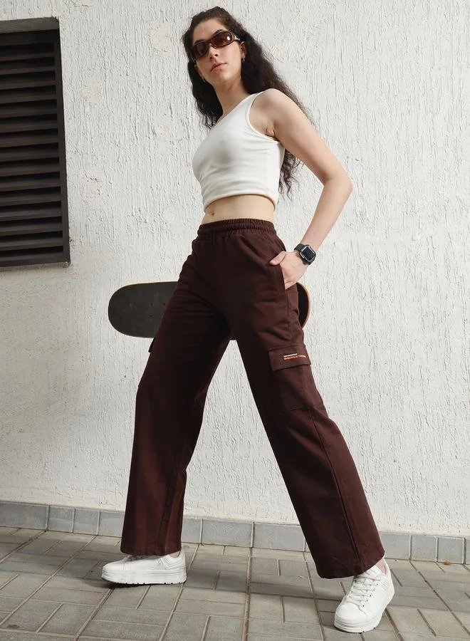 Hubberholme Women's Brown Cotton Blend Printed Full Length Cargo Regular Fit Trouser
