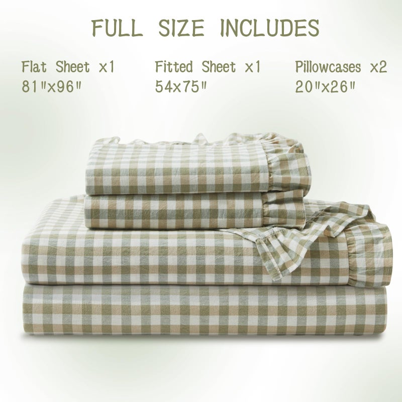 KKJIAF 4 Pieces Plaid Ruffle Full Size Bed Sheets, Cotton Gingham Full Size Sheet Set Linen Feel Comfy Breathable Ruffed Bed Sheet Set with 16 Inch Deep Pocket, Sage Green - Image 3