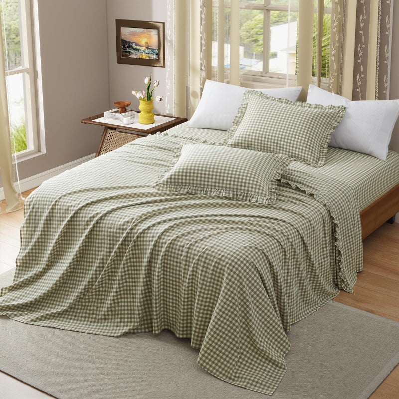 KKJIAF 4 Pieces Plaid Ruffle Full Size Bed Sheets, Cotton Gingham Full Size Sheet Set Linen Feel Comfy Breathable Ruffed Bed Sheet Set with 16 Inch Deep Pocket, Sage Green - Image 2