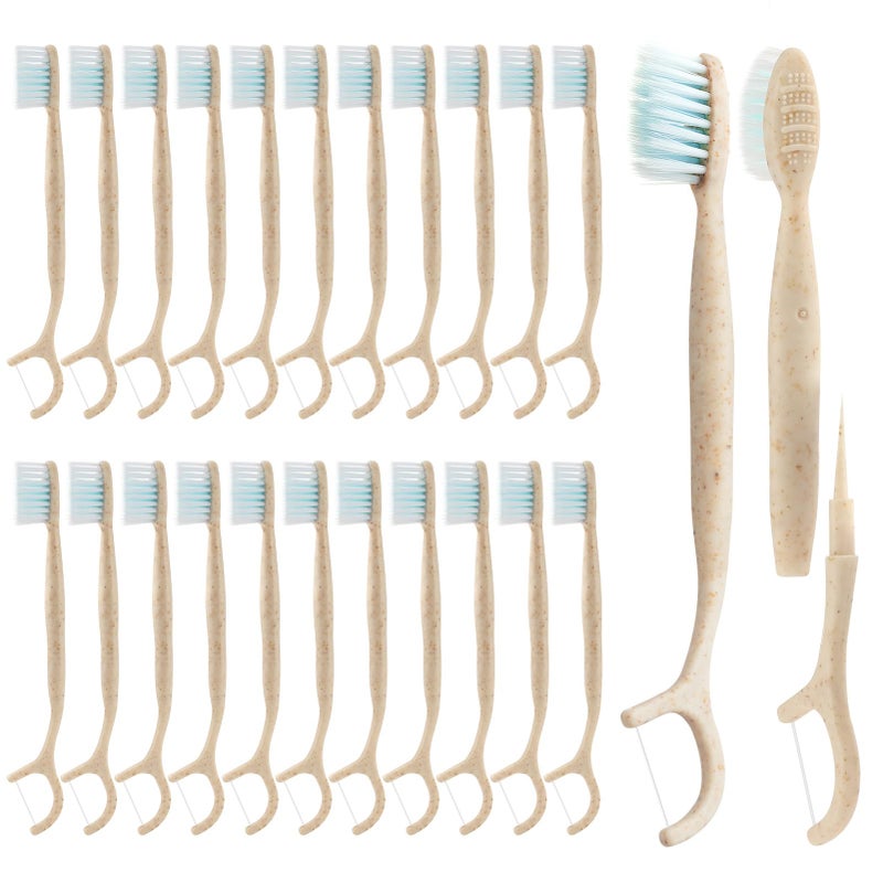 NUDUKO Travel Toothbrush Dental Floss Picks 4 in 1 Biodegradable Disposable Toothbrushes with Tongue Scraper EcoFriendly Individually Wrapped Toothbrush for Adult Kids Travel Oral Care 40 Pack