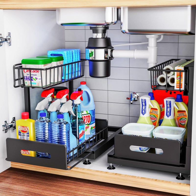 Dataroad Selead 2 Pack Under Sink Organizers and Storage,Pull Out Cabinet Organizer,2-Tier Sliding Out Kitchen Basket Sink Shelf Cabinet Organizers Adjustable L Shape Counter Organizers for Bathroom Kitchen (Black) - Image 1