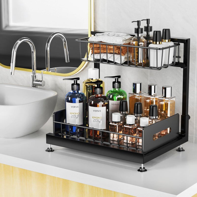 Dataroad Selead 2 Pack Under Sink Organizers and Storage,Pull Out Cabinet Organizer,2-Tier Sliding Out Kitchen Basket Sink Shelf Cabinet Organizers Adjustable L Shape Counter Organizers for Bathroom Kitchen (Black) - Image 4