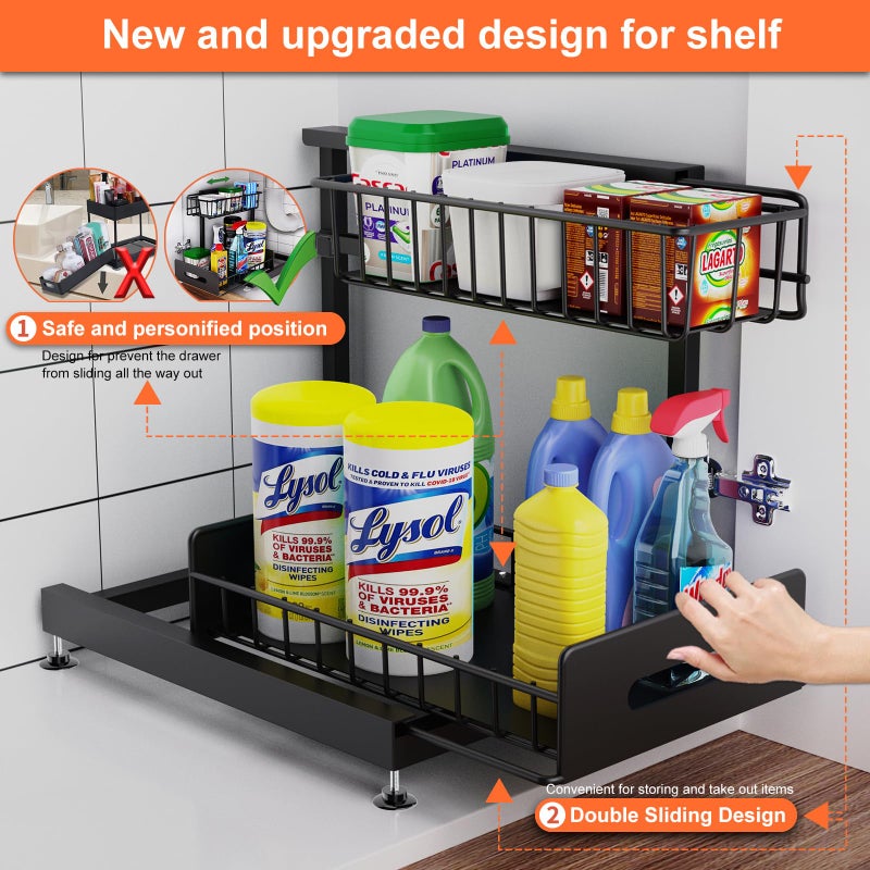 Dataroad Selead 2 Pack Under Sink Organizers and Storage,Pull Out Cabinet Organizer,2-Tier Sliding Out Kitchen Basket Sink Shelf Cabinet Organizers Adjustable L Shape Counter Organizers for Bathroom Kitchen (Black) - Image 2