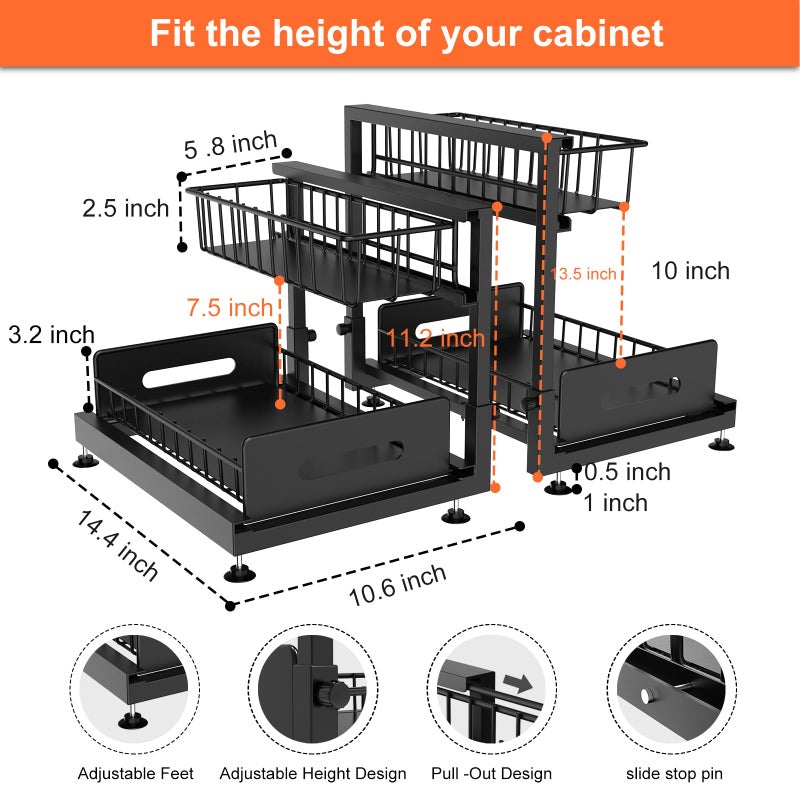 Dataroad Selead 2 Pack Under Sink Organizers and Storage,Pull Out Cabinet Organizer,2-Tier Sliding Out Kitchen Basket Sink Shelf Cabinet Organizers Adjustable L Shape Counter Organizers for Bathroom Kitchen (Black) - Image 5