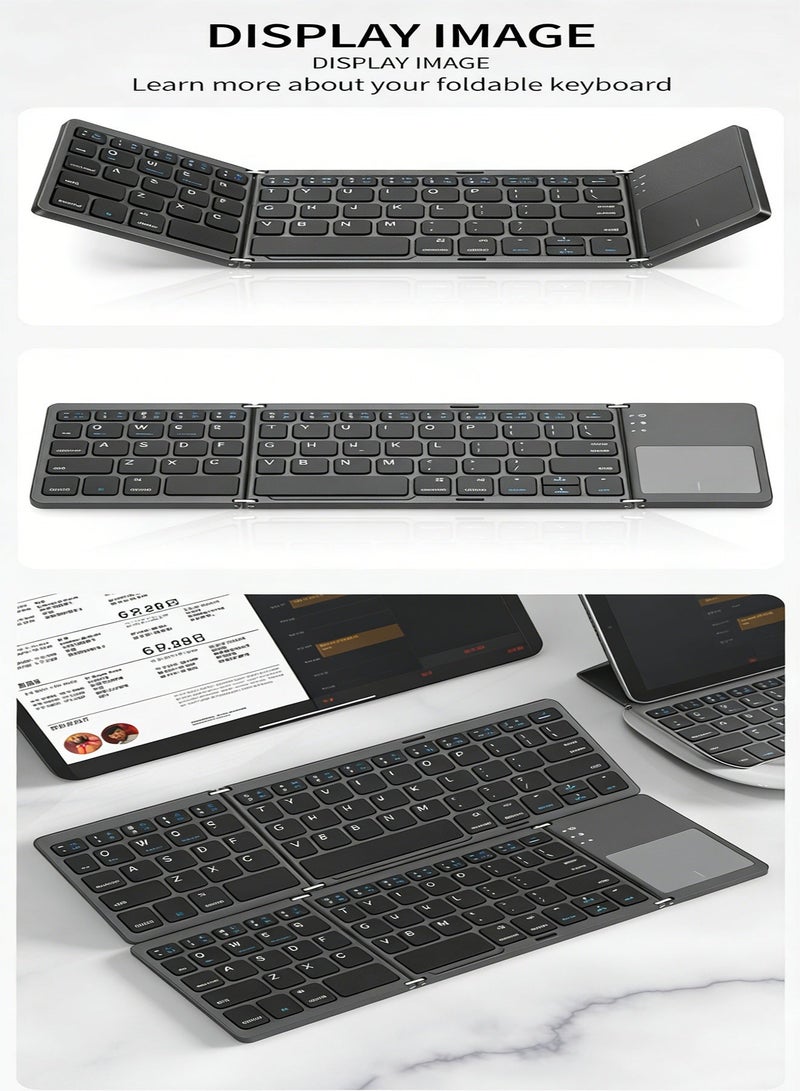 Rechargeable Foldable Bluetooth Keyboard Portable Folding Wireless Tri-Keyboard with Touchpad for Android/Windows/ iOS13 and above,Tablet/PC - Gray - Image 2