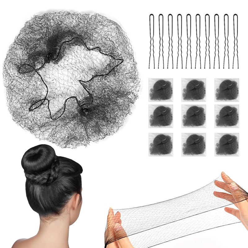Sliverdew Hair Nets Invisible Elastic Edge Mesh and U Shaped Pins Set 20Pcs Individual Package Hair Nets for Buns 20Pcs U Shaped Hair Pins for Ballet Bun Dance Sleeping Women
