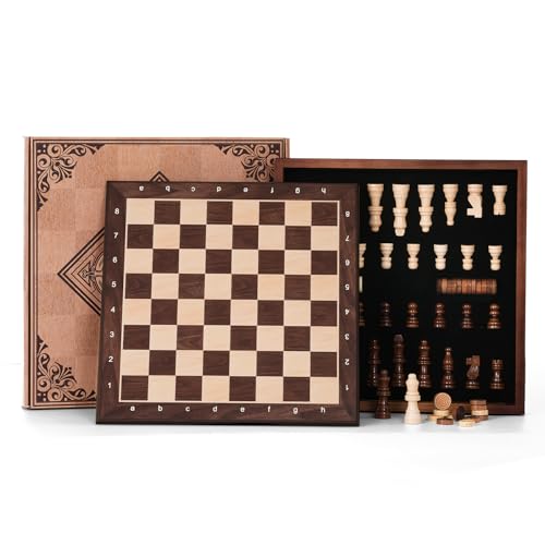 Peradix Wooden Chess Set for Kids Magnetic 12 Checkers Chess Board Game Set 2 in 1 with Drawer Unique Chess Pieces with 2 Extra Queens Family Board Games Educational Sets - Image 1