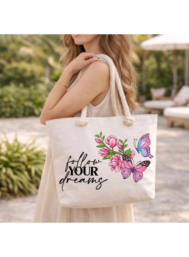 We Print, Your Gift Butterfly Motivational Beach Tote Bag for Women - Heavy Cotton Fabric - Gold Zipper - Inner Pocket - Lined Interior - Shoulder Bag for Beach Travel Work - 47 x 37 cm - Image 2