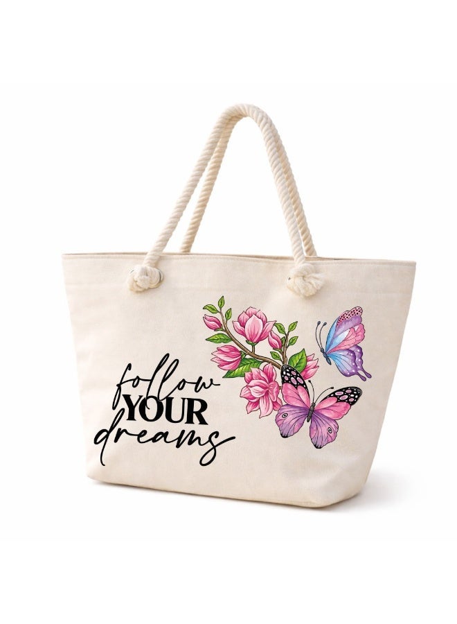 We Print, Your Gift Butterfly Motivational Beach Tote Bag for Women - Heavy Cotton Fabric - Gold Zipper - Inner Pocket - Lined Interior - Shoulder Bag for Beach Travel Work - 47 x 37 cm - Image 1
