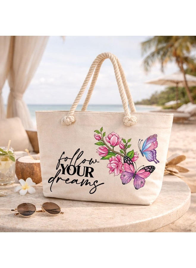 We Print, Your Gift Butterfly Motivational Beach Tote Bag for Women - Heavy Cotton Fabric - Gold Zipper - Inner Pocket - Lined Interior - Shoulder Bag for Beach Travel Work - 47 x 37 cm - Image 3