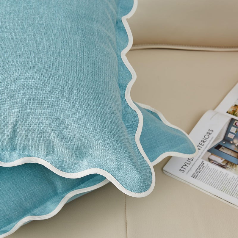 Mayler Yee Scalloped Throw Pillow Covers Set of 2 for Living Room  Soft Cotton & Cozy Linen  Boho Sytle Decorative Home (Blue  12x20 Inch) - Image 2