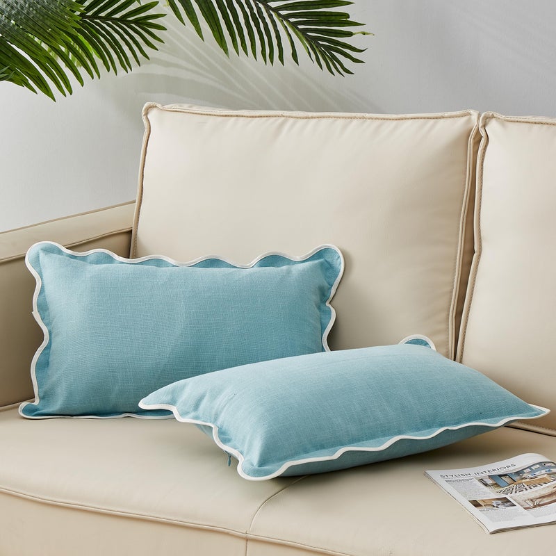 Mayler Yee Scalloped Throw Pillow Covers Set of 2 for Living Room  Soft Cotton & Cozy Linen  Boho Sytle Decorative Home (Blue  12x20 Inch) - Image 1