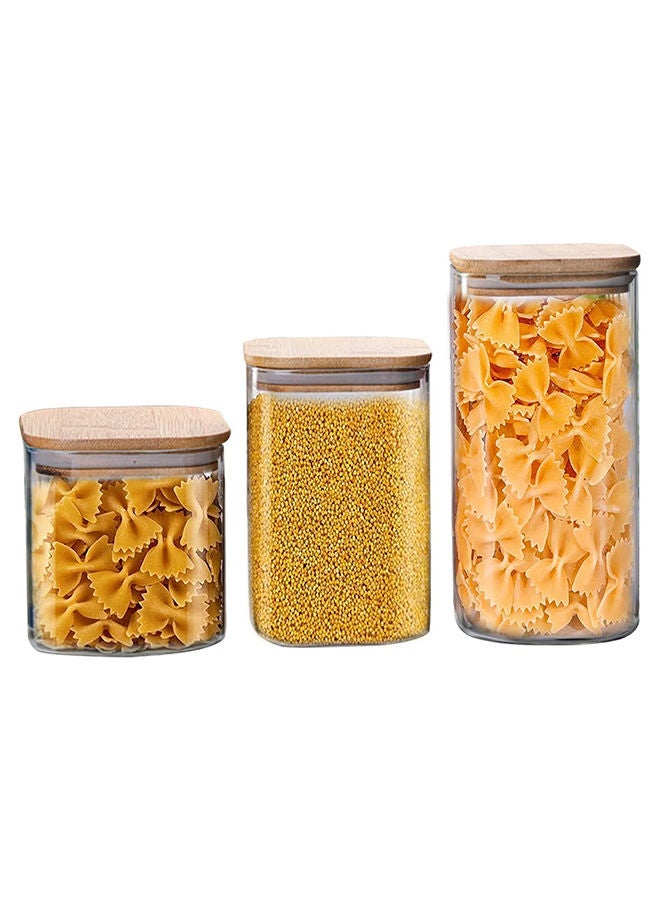 AKDC Set Of 3 Square Glass Jar With Bamboo Lid 3 Size, Kitchen Food Storage - Image 1