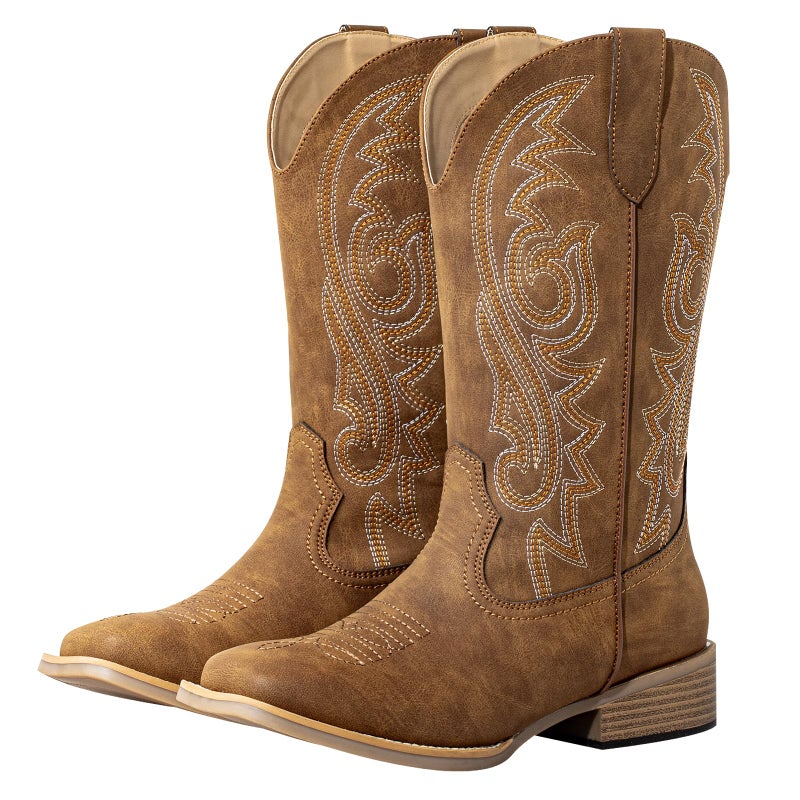 SheSole Extra Wide Calf Cowboy Boots for Women - Confidence & Western Cowgirl Style with Square Toe, Hidden Elastic & Removable Cushion for Easy Comfort (Brown, 7, X-Wide) - Image 1