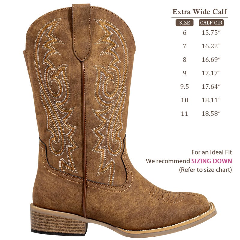 SheSole Extra Wide Calf Cowboy Boots for Women - Confidence & Western Cowgirl Style with Square Toe, Hidden Elastic & Removable Cushion for Easy Comfort (Brown, 7, X-Wide) - Image 4