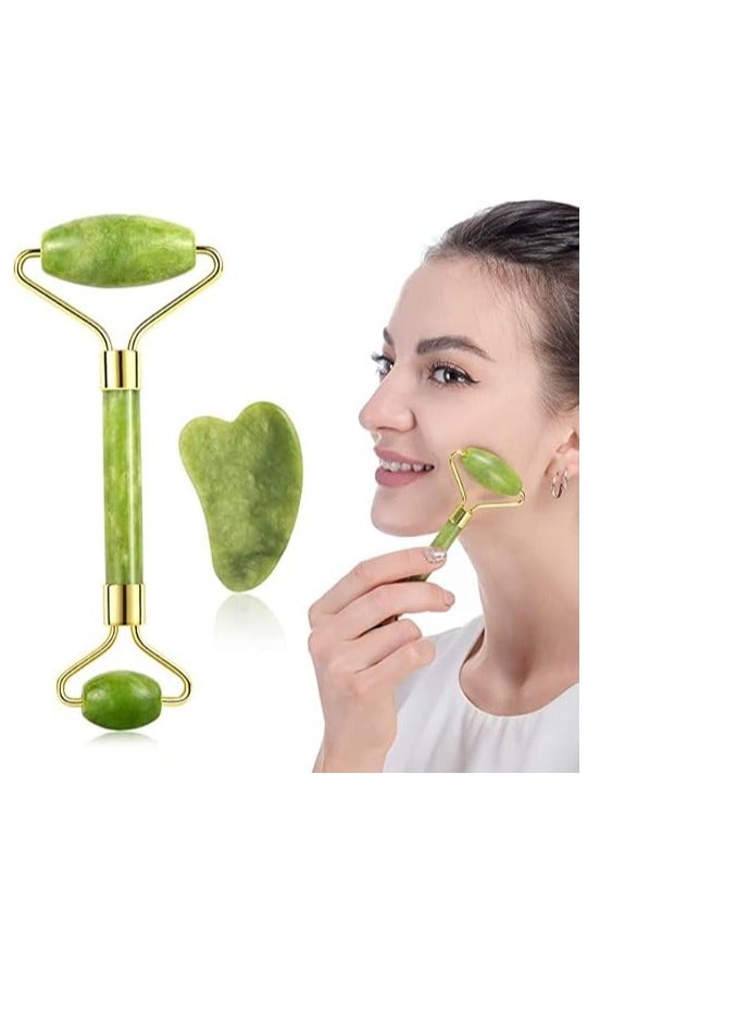 Anti-Aging Jade Roller Massage and Gua Sha Facial Tools Set-Natural Jade Gua Sha Massage Tool for Face and Full Body - Image 1