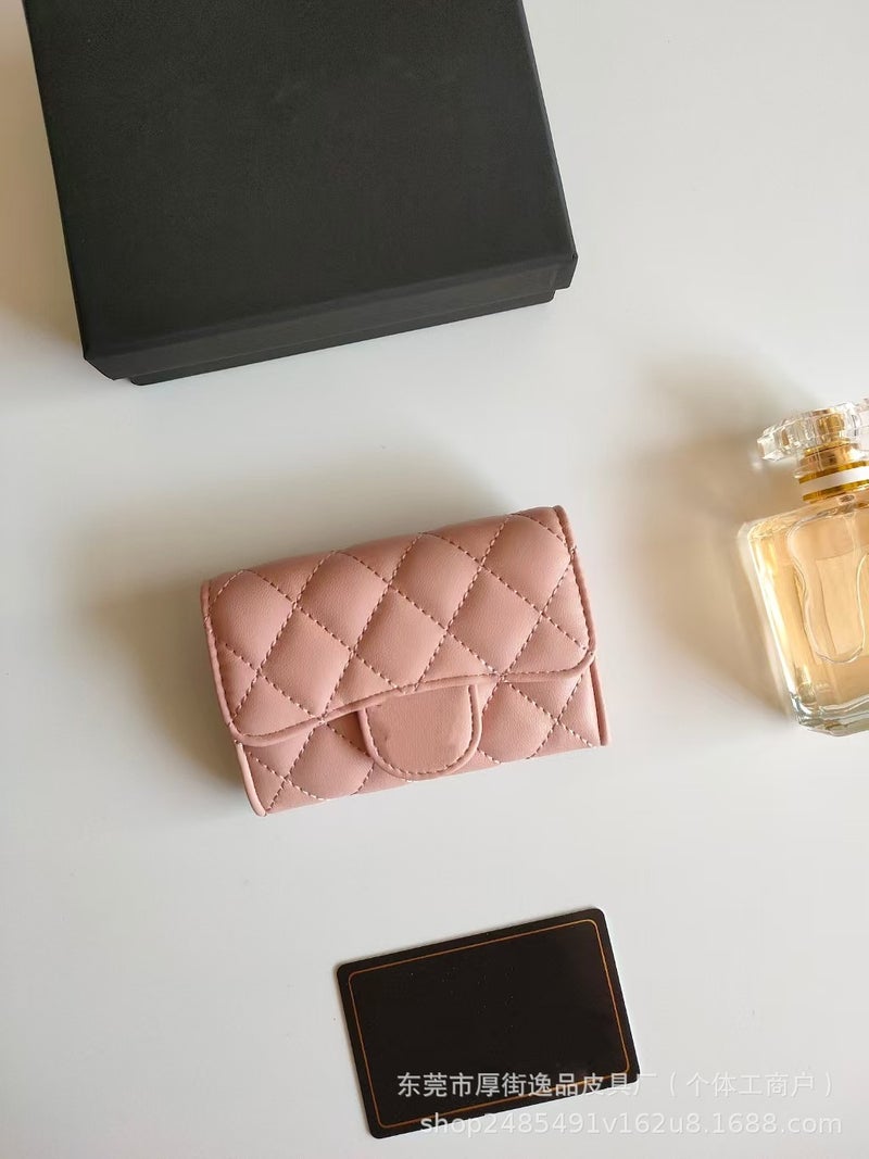 Genuine Goatskin Small Fragrant Caviar Wallet Short Wallet Zipper Card Holder Large Capacity Multi-Functional Card Holder Cf Rhombus - Image 1