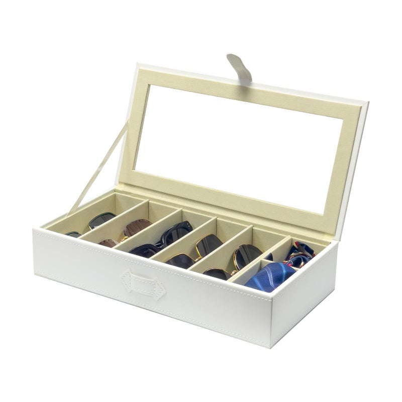 UnionPlus Sunglasses Case Organizer Multiple Sunglasses Eyeglass Glasses Display Holder Collector 5 Slots for Sunglasses Storage and 2 Small Slots for Accessories White
