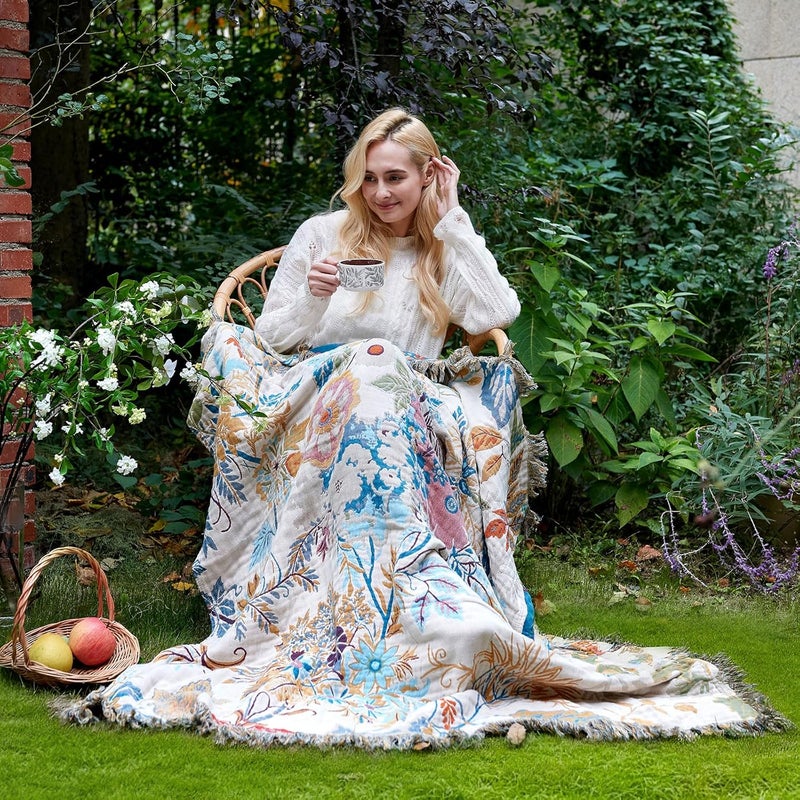 LUTBM Boho Throw Blanket for Bed Cotton Blankets Twin Size for Bedroom Living Room All Season Lightweight Floral Embroidery Quilt for Couch Sofa Chair 60"x80" - Image 5