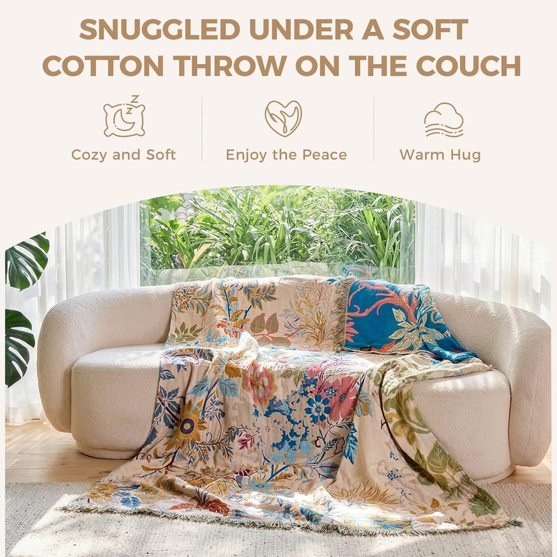 LUTBM Boho Throw Blanket for Bed Cotton Blankets Twin Size for Bedroom Living Room All Season Lightweight Floral Embroidery Quilt for Couch Sofa Chair 60"x80" - Image 4