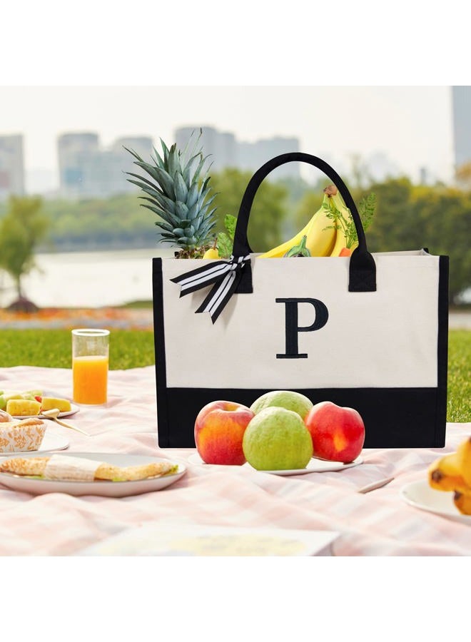 TOPDesign Personalized Initial Canvas Beach Bag, Monogrammed Gift Tote Bag for Women, P, Medium - Image 3