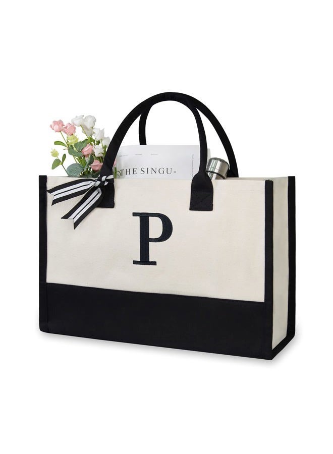 TOPDesign Personalized Initial Canvas Beach Bag, Monogrammed Gift Tote Bag for Women, P, Medium - Image 1