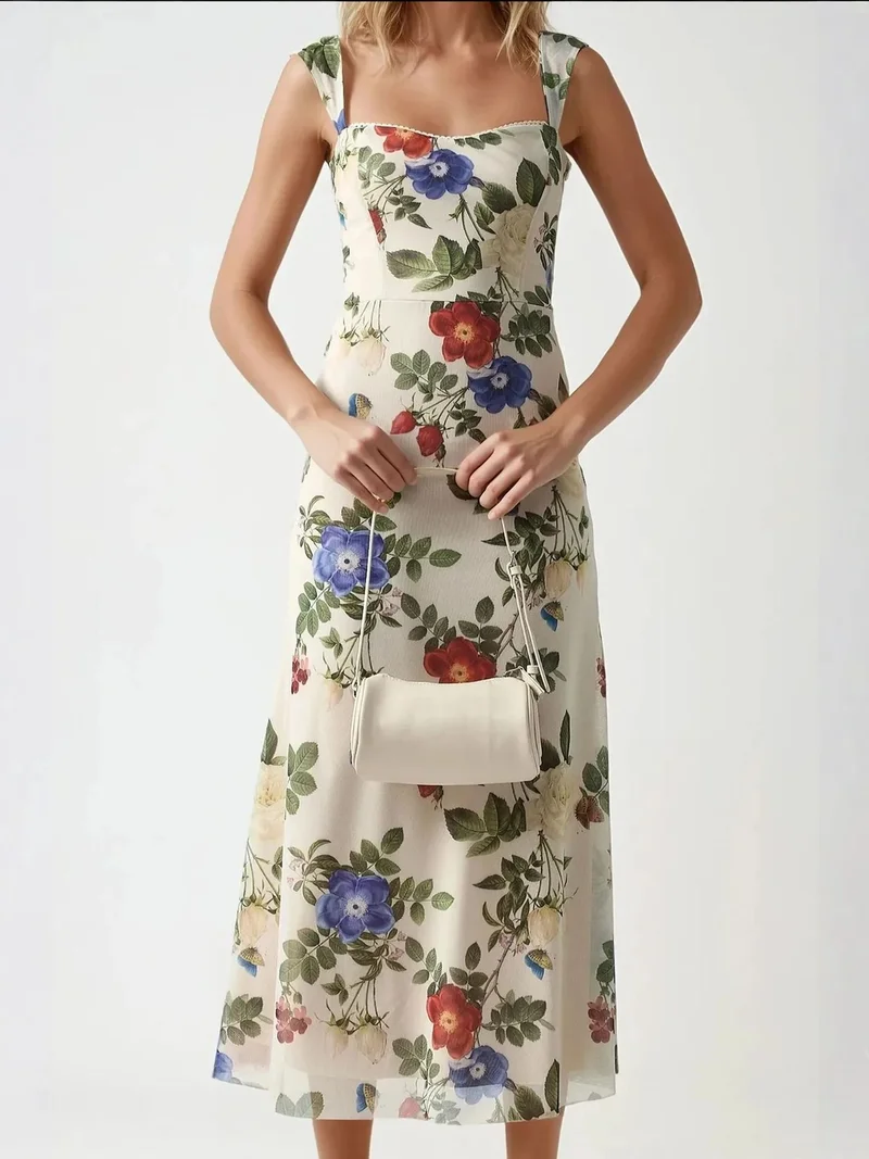 HICCUP Natural Patterned Maxi Dress with Heart Collar for Women | Best Price UAE
