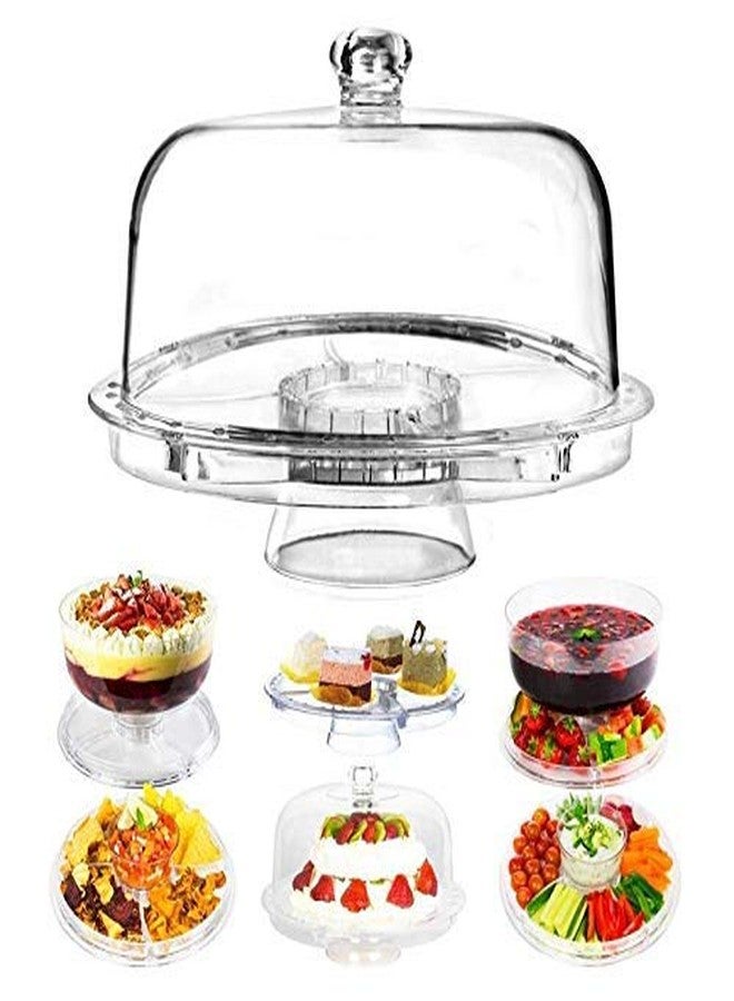 RIVUGJA 6-in-1 Transparent Acrylic Cake Stand with Dome Lid | Multi-Functional Serving Platter for Cakes, Desserts, Snacks & Fruits | Reversible Base | Crystal Clear Finish - Image 1