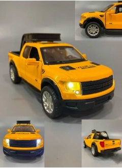 die cast 1/32 Ford Raptor F150 Truck Alloy Diecast Car Model With  Sound, Light, Opened Doors, Pull Back (Yellow, No Box) 