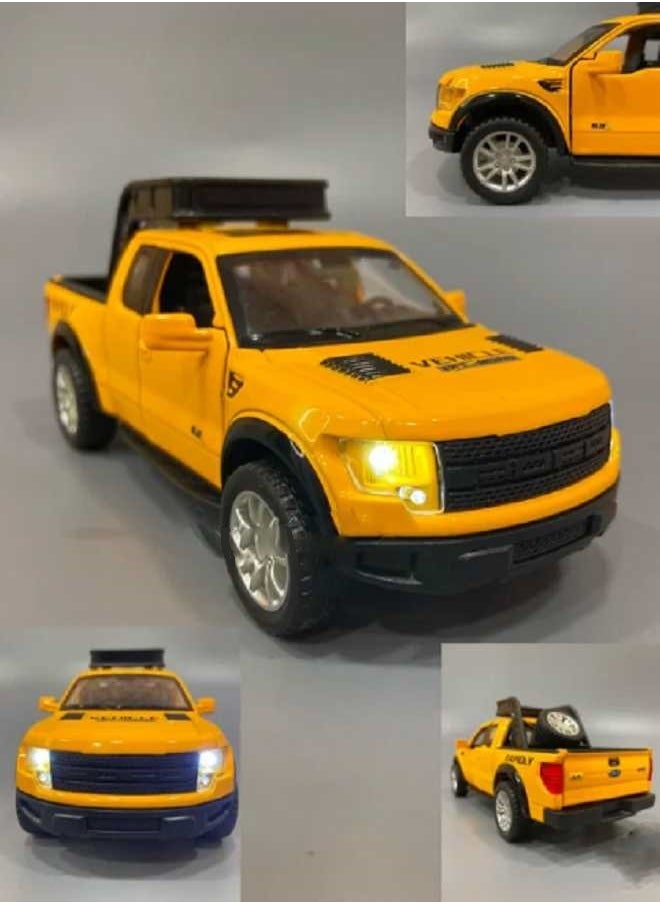 die cast 1/32 Ford Raptor F150 Truck Alloy Diecast Car Model With  Sound, Light, Opened Doors, Pull Back (Yellow, No Box) 
