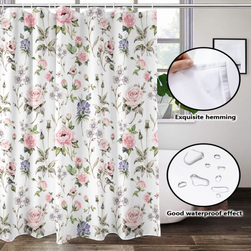 Lovetar Pink Green Flower Vintage Rose Floral Shower Curtain Wildflowers Rustic Cottage Country Washable Waterproof Fabric Bath Curtains Set for Bathroom with 12 Hooks Decor Art - 72"X72" - Image 4