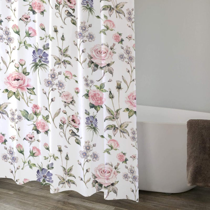 Lovetar Pink Green Flower Vintage Rose Floral Shower Curtain Wildflowers Rustic Cottage Country Washable Waterproof Fabric Bath Curtains Set for Bathroom with 12 Hooks Decor Art - 72"X72" - Image 2