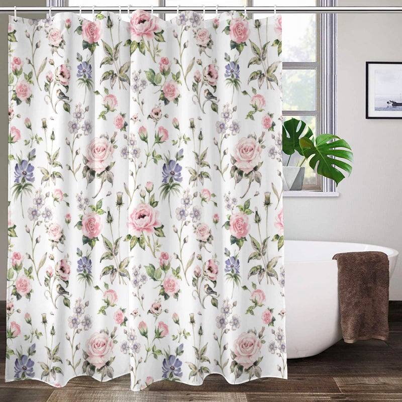 Lovetar Pink Green Flower Vintage Rose Floral Shower Curtain Wildflowers Rustic Cottage Country Washable Waterproof Fabric Bath Curtains Set for Bathroom with 12 Hooks Decor Art - 72"X72" - Image 1