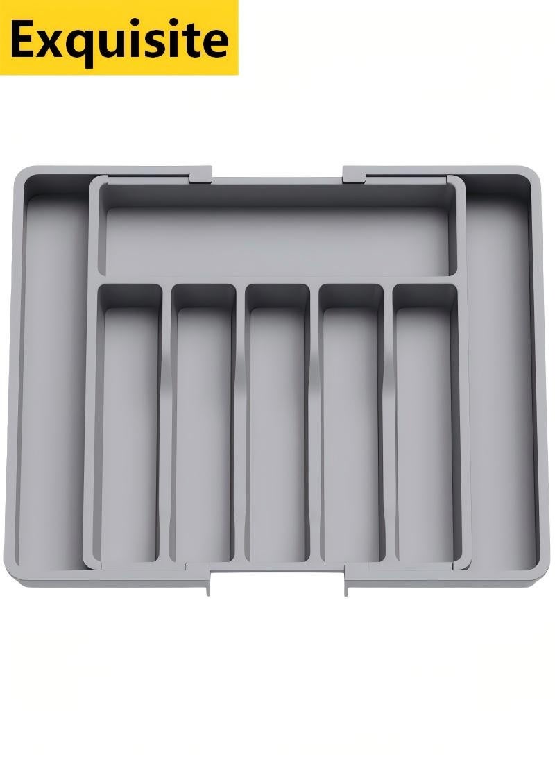 Exquisite Silverware Drawer Organizer, Expandable Utensil Tray for Kitchen, BPA Free Flatware and Cutlery Holder, Adjustable Plastic Storage for Spoons Forks Knives, Large,Stretch Out The Cutlery The Stowed Box Can Be Retracted Into Shape, Grey,33-57*38*5 CM - Image 1