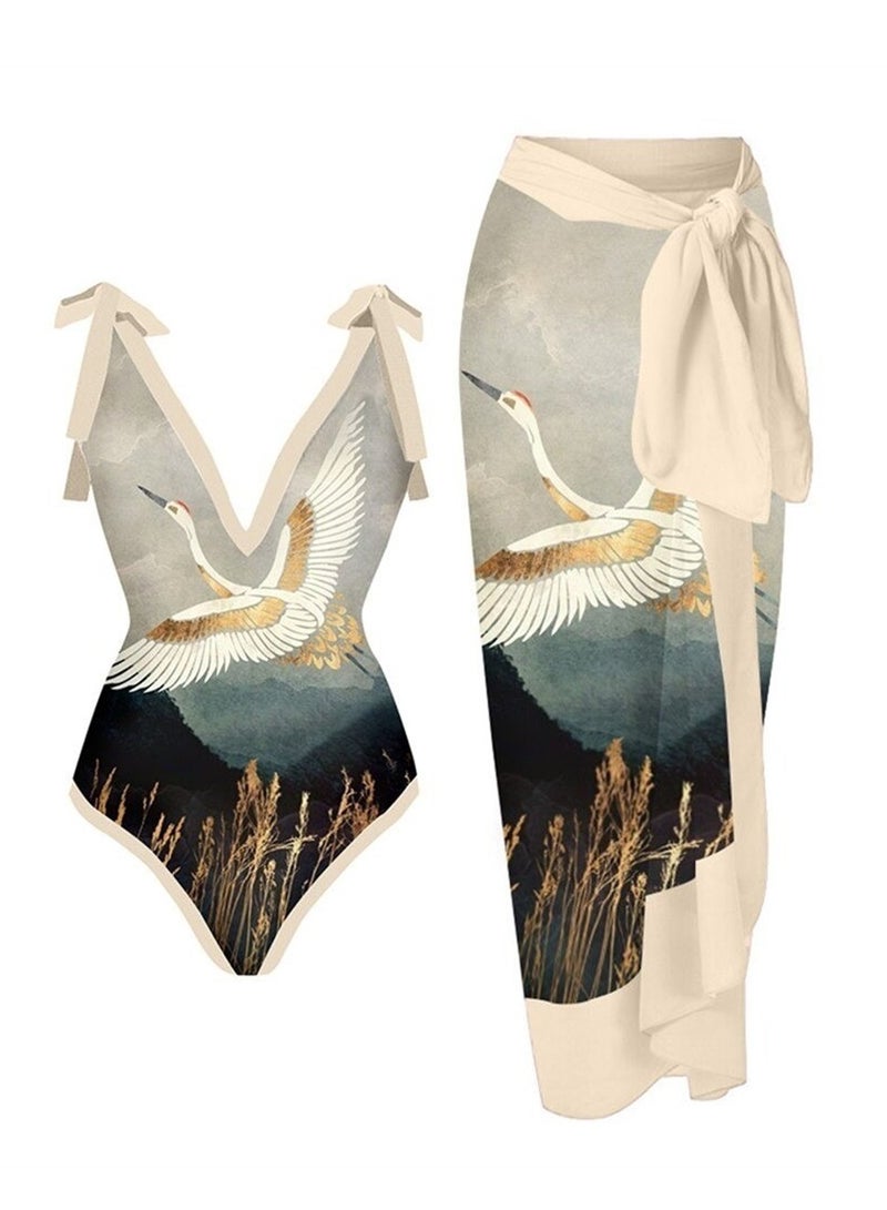2pcs one piece swimsuit lace up swimsuit maxi skirt swimsuit set  - Image 1