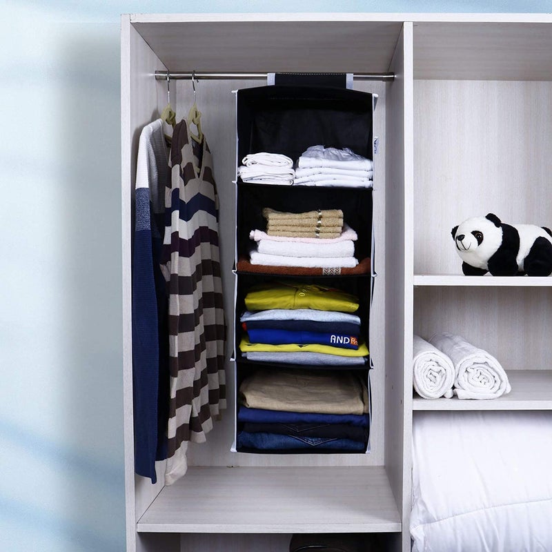 Unicrafts Hanging Organizer 4 Shelves NonWoven Fabric Collapsible Wardrobe Organiser for Regular Garments Cupboard 4 Tier Clothes Shoes Storage Hanger for Bedroom Combo Pack of 1 Pc Black - Image 2