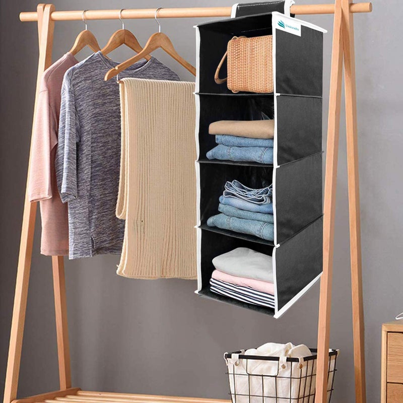 Unicrafts Hanging Organizer 4 Shelves NonWoven Fabric Collapsible Wardrobe Organiser for Regular Garments Cupboard 4 Tier Clothes Shoes Storage Hanger for Bedroom Combo Pack of 1 Pc Black - Image 4