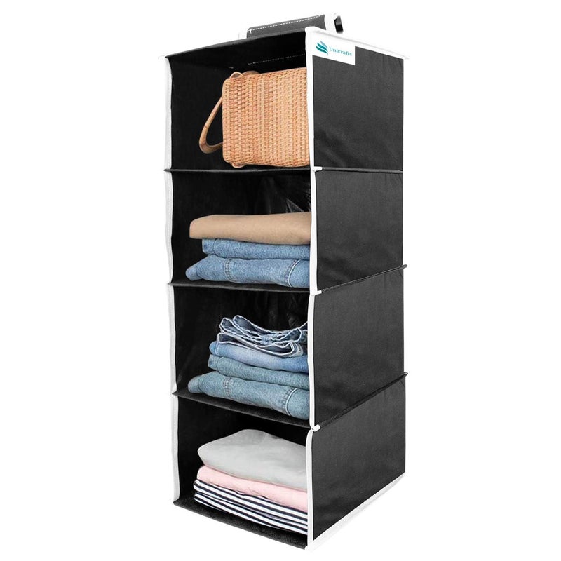 Unicrafts Hanging Organizer 4 Shelves NonWoven Fabric Collapsible Wardrobe Organiser for Regular Garments Cupboard 4 Tier Clothes Shoes Storage Hanger for Bedroom Combo Pack of 1 Pc Black - Image 1