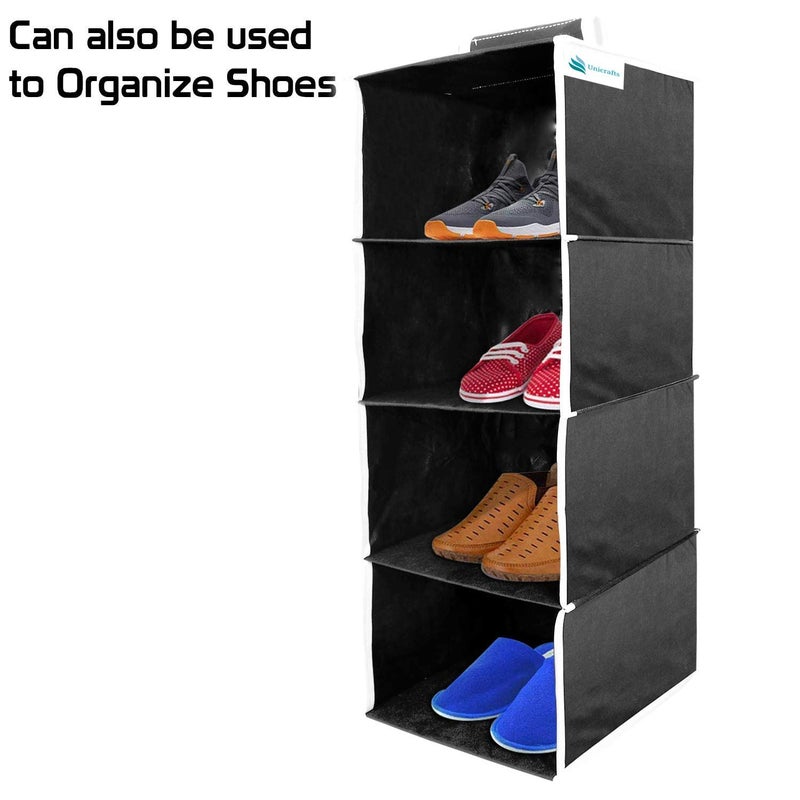 Unicrafts Hanging Organizer 4 Shelves NonWoven Fabric Collapsible Wardrobe Organiser for Regular Garments Cupboard 4 Tier Clothes Shoes Storage Hanger for Bedroom Combo Pack of 1 Pc Black - Image 5