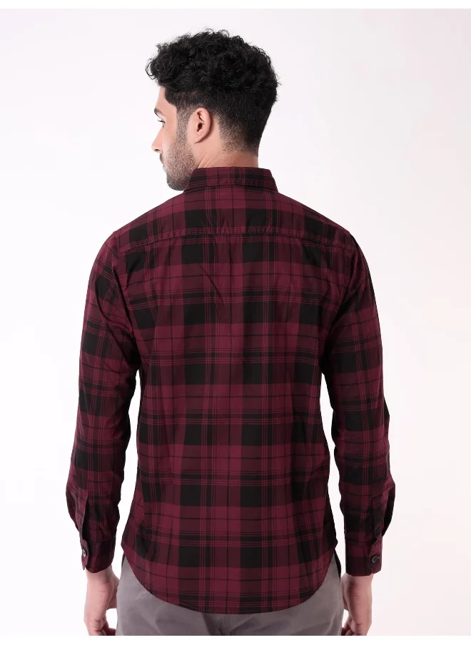 Beyoung Single Pocket Dark Red Checked Shirts for Men