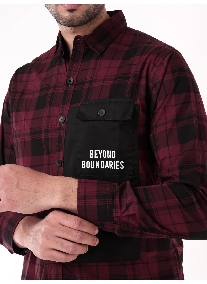 Beyoung Single Pocket Dark Red Checked Shirts for Men