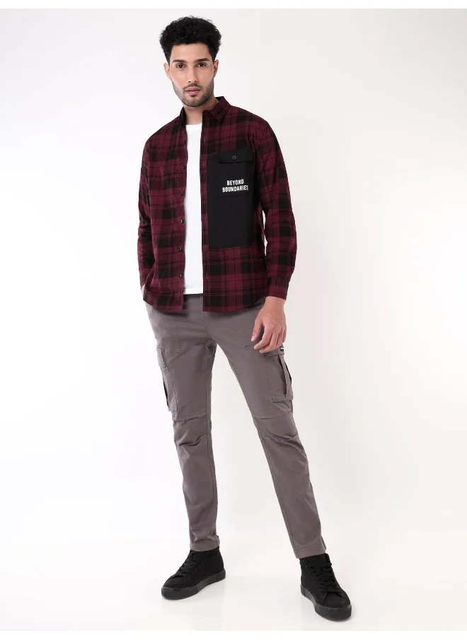 Beyoung Single Pocket Dark Red Checked Shirts for Men