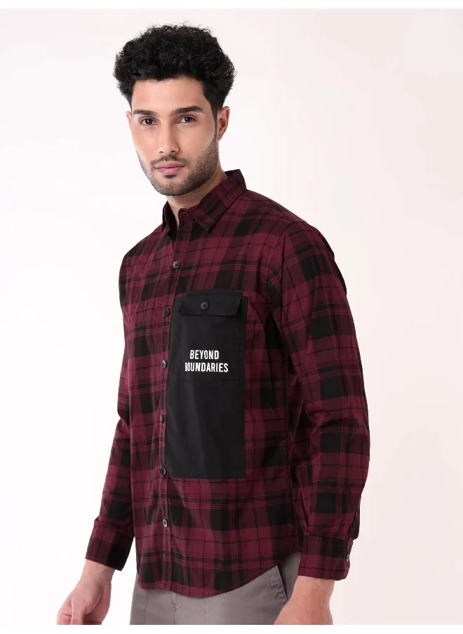 Beyoung Single Pocket Dark Red Checked Shirts for Men
